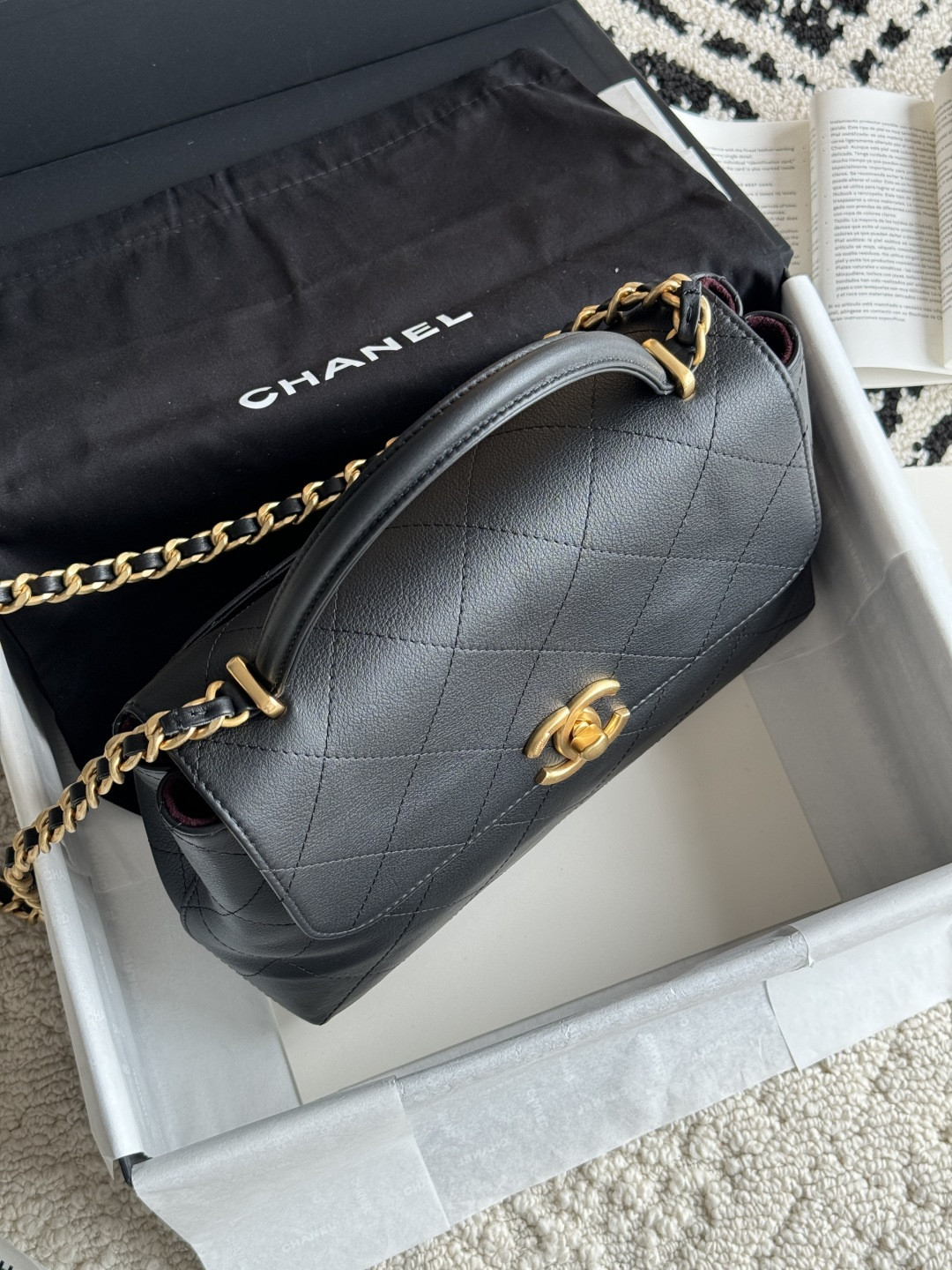 Ch*el large flap bag with top handle calfskin 20.5x28x9.5cm