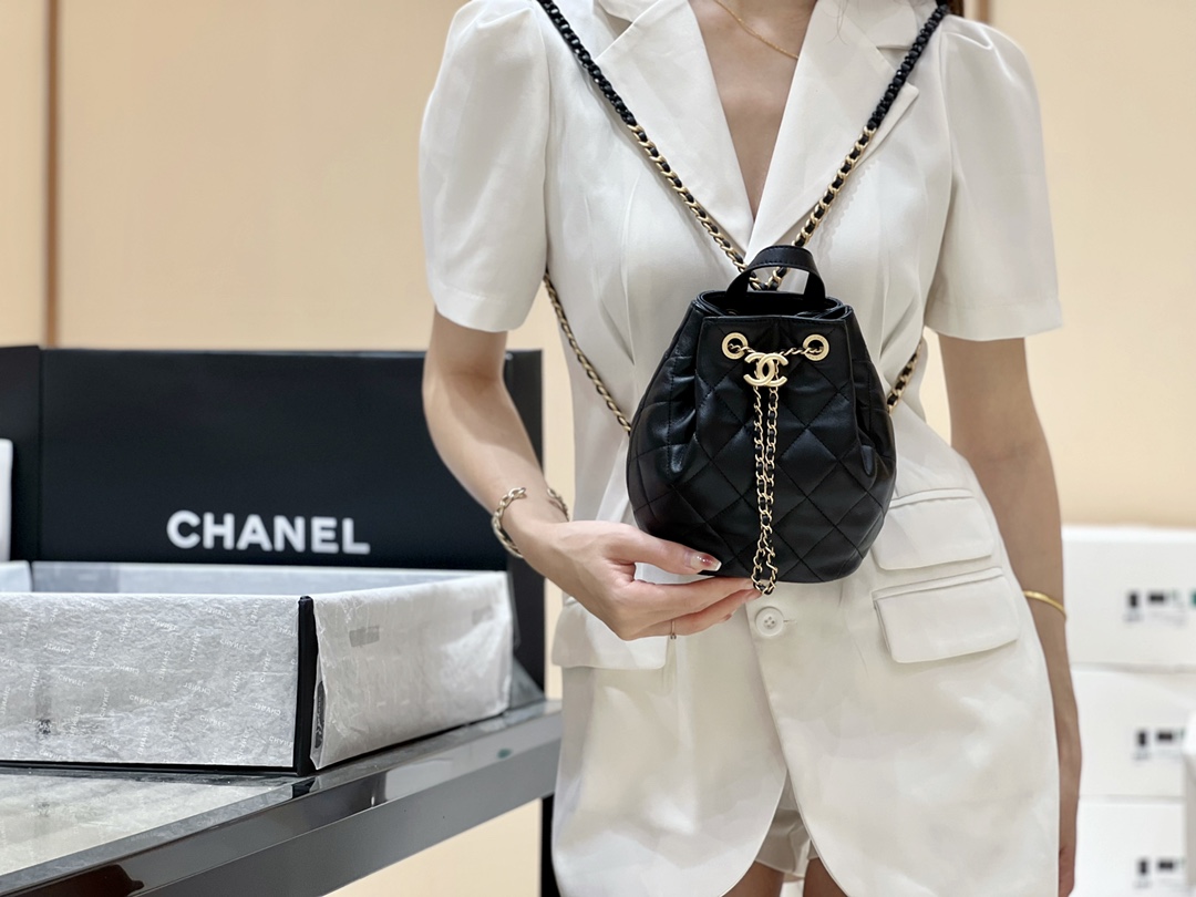 Ch@nel Drawstring Bucket Backpack -16.5*20*11.5CM