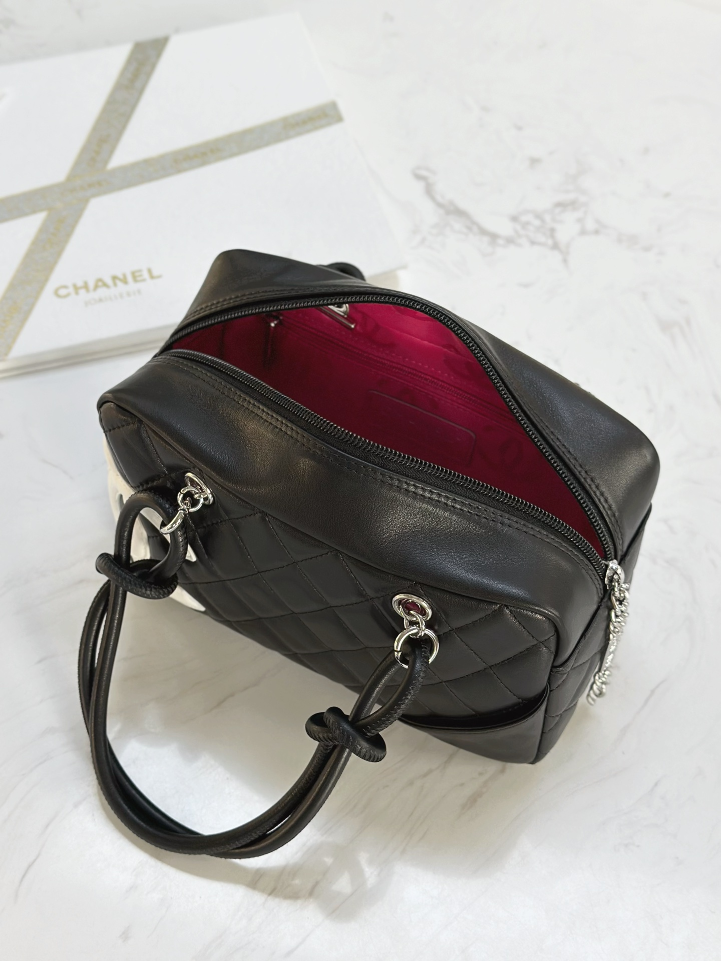 Ch@nel Calfskin Quilted Small Cambon Bowler Black White-19.5*10.5*9CM